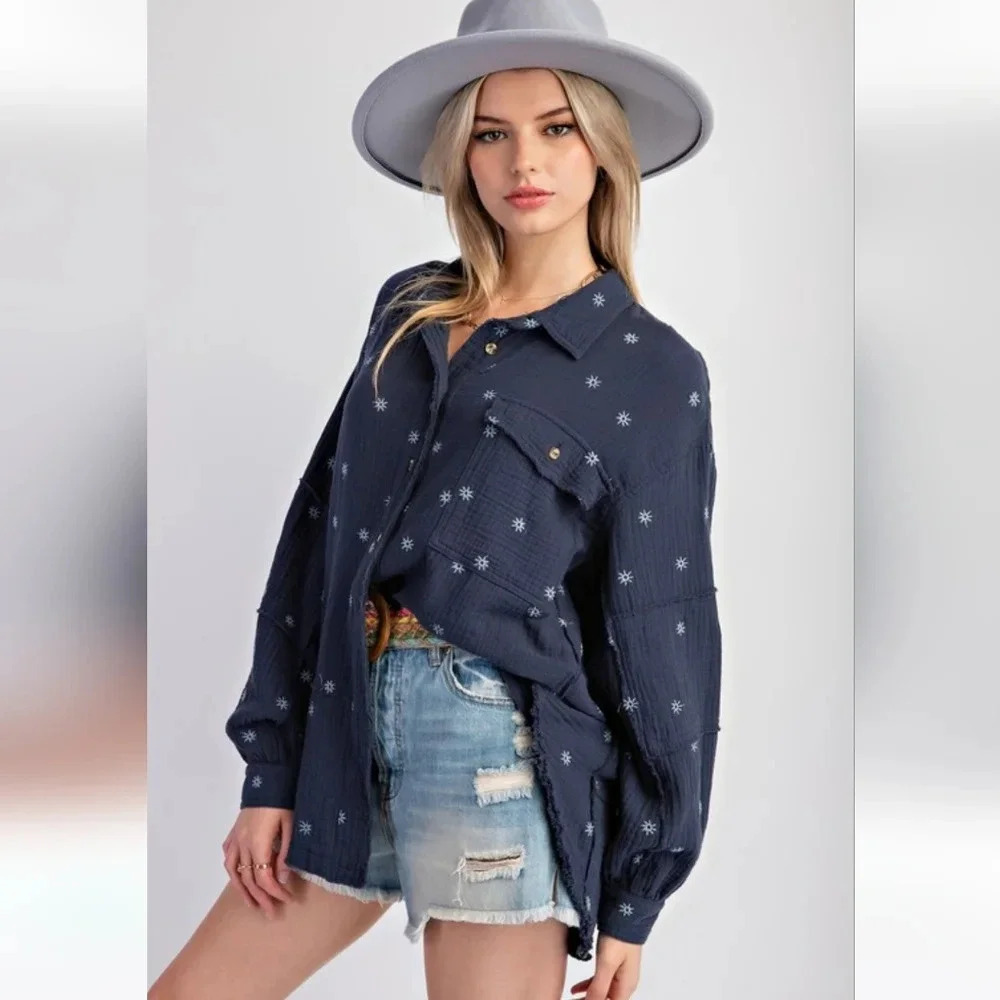 Easel Blue Daisy Floral Embroidered Cotton Gauze Long Sleeve Shirt New - Picture 4 of 5
